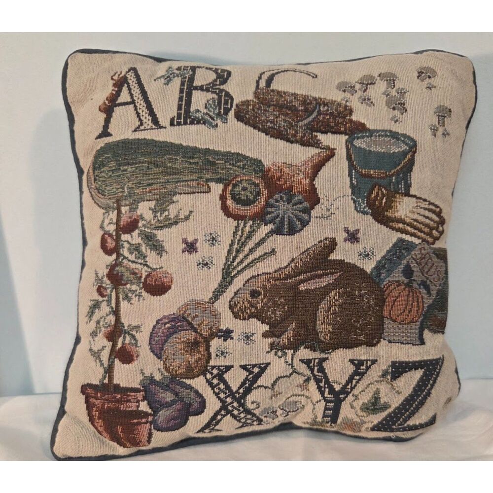 Vintage Alphabet Needlepoint Pillow Rabbit Mushroom Botanical Tapestry